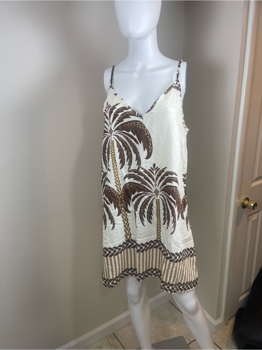 SHEIN Cream and Brown Palm Tree Midi Slip Dress